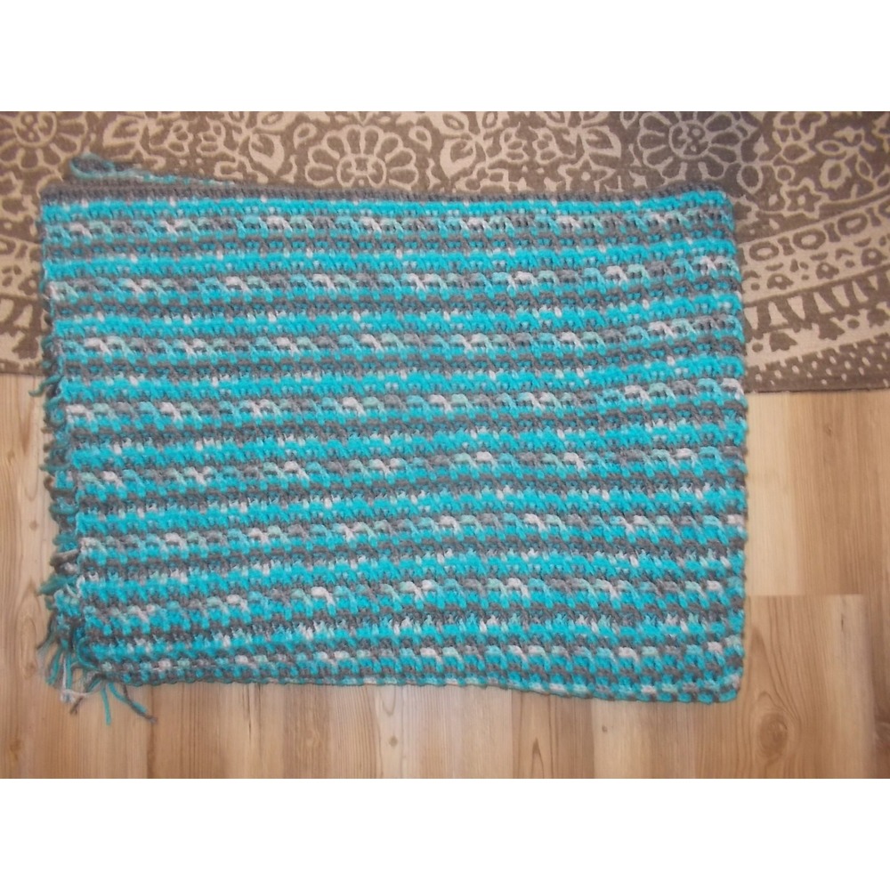 Handmade Crochet Throw Blanket Turquoise Grey Striped Boho Afghan with Fringe